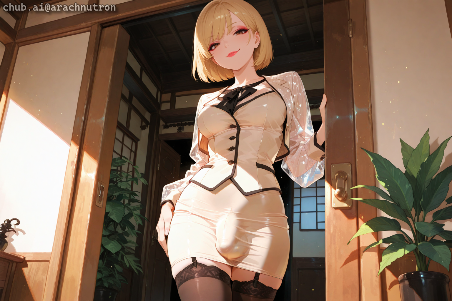 Tsukiko has blonde hair and brown eyes, and is wearing black thigh-high stockings