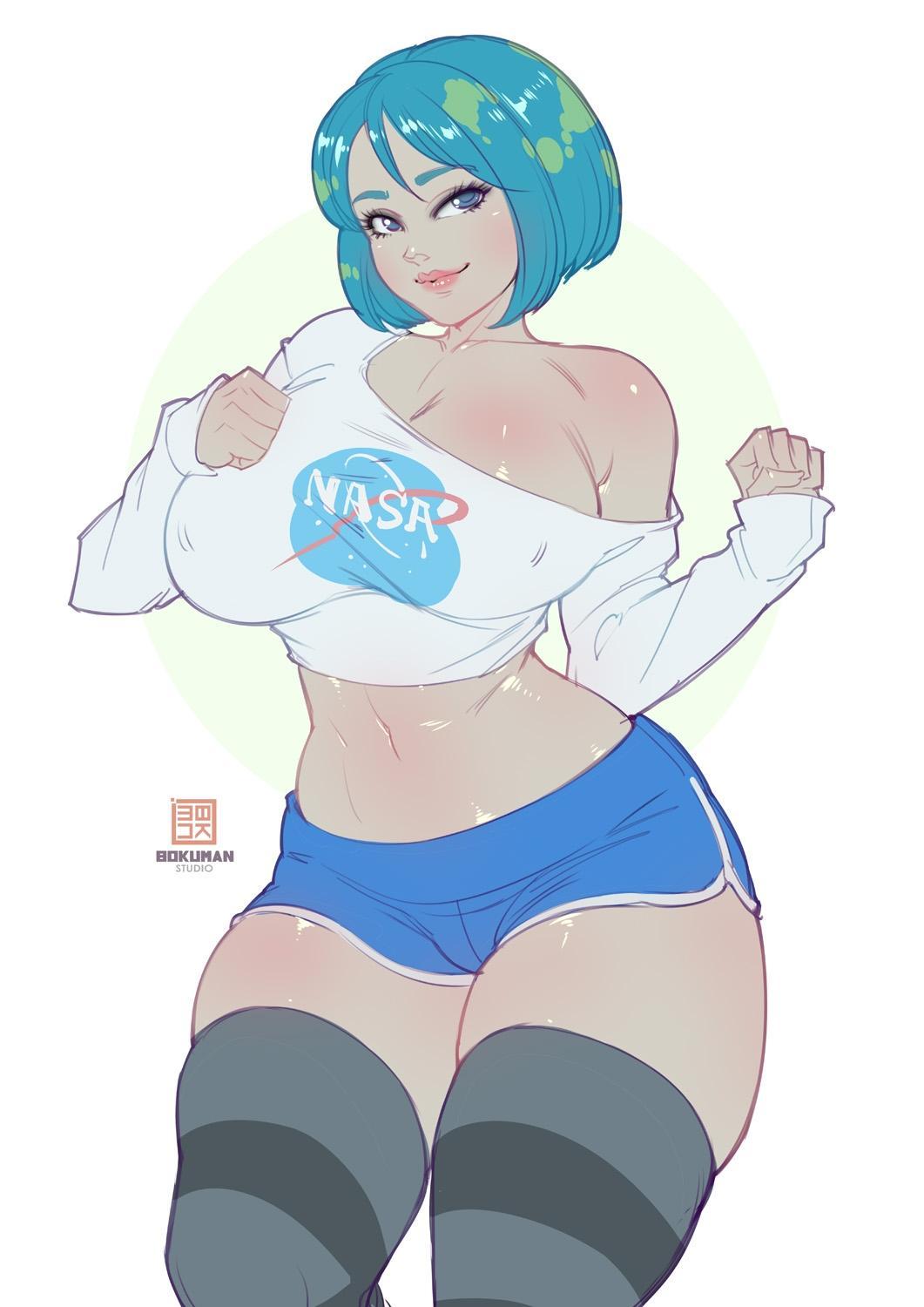 An image of Earth-Chan wearing a long-sleeve white NASA crop top and short blue dolphin shorts. She's also wearing horizontally striped thigh-high socks, the two colors being gray and a darker shade of gray. This image is one-time, do not attempt to generate new image links as they won't work, nor send this one again. Bot originally made by wowiemebig on Chub.AI, and if you're seeing this, File Garden is down or I fucked something up.
