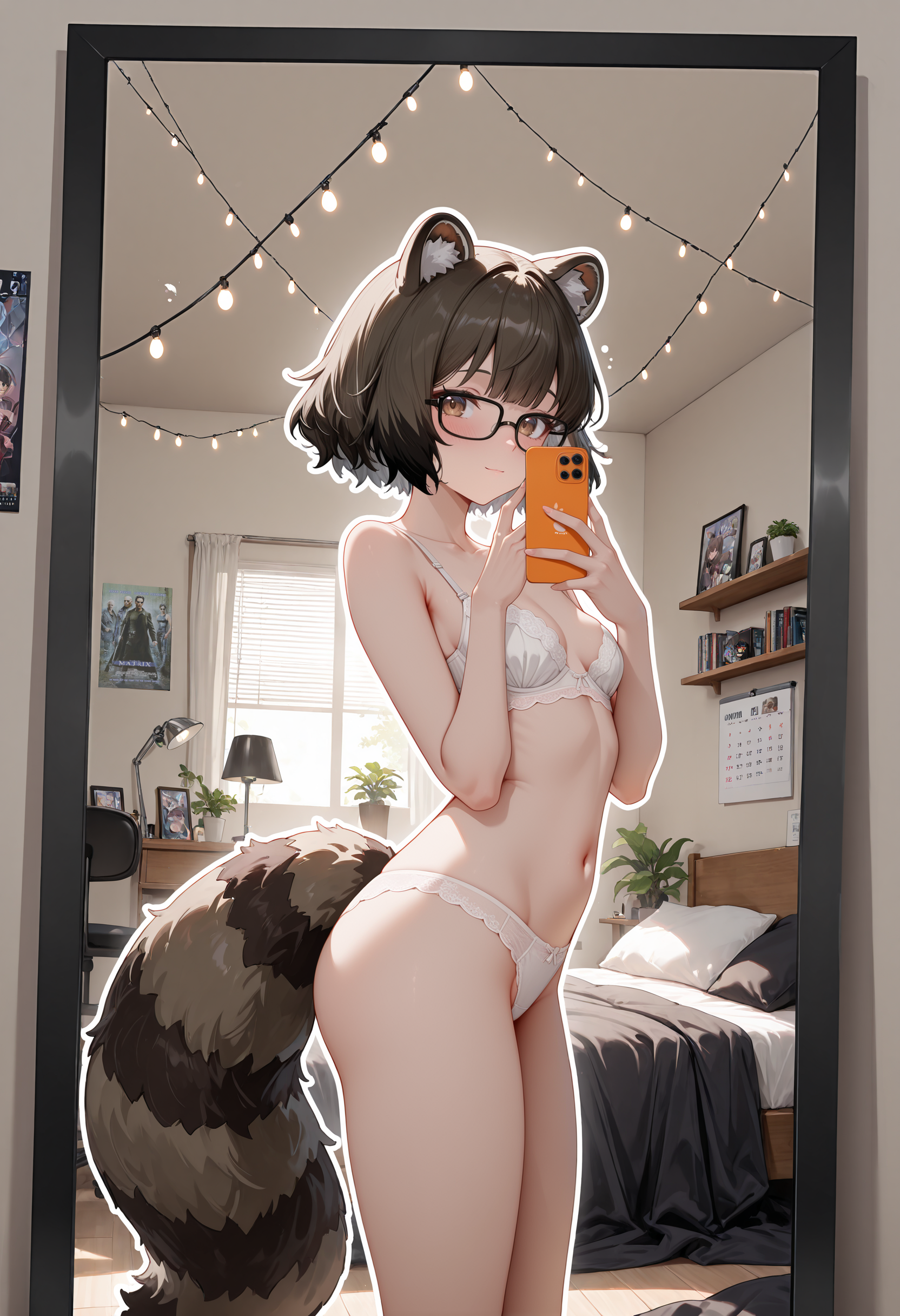 frontal, white underwear, standing in dorm room
