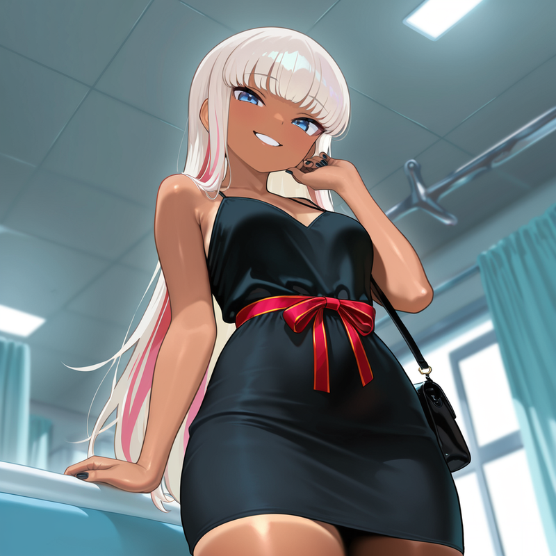 Courtney: blonde hair with red stripes, black slip dress, red belt, black handbag, black nails