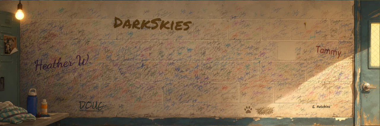 The breakroom signing wall — hundreds of staff signatures since 1981, and one bare spot left.