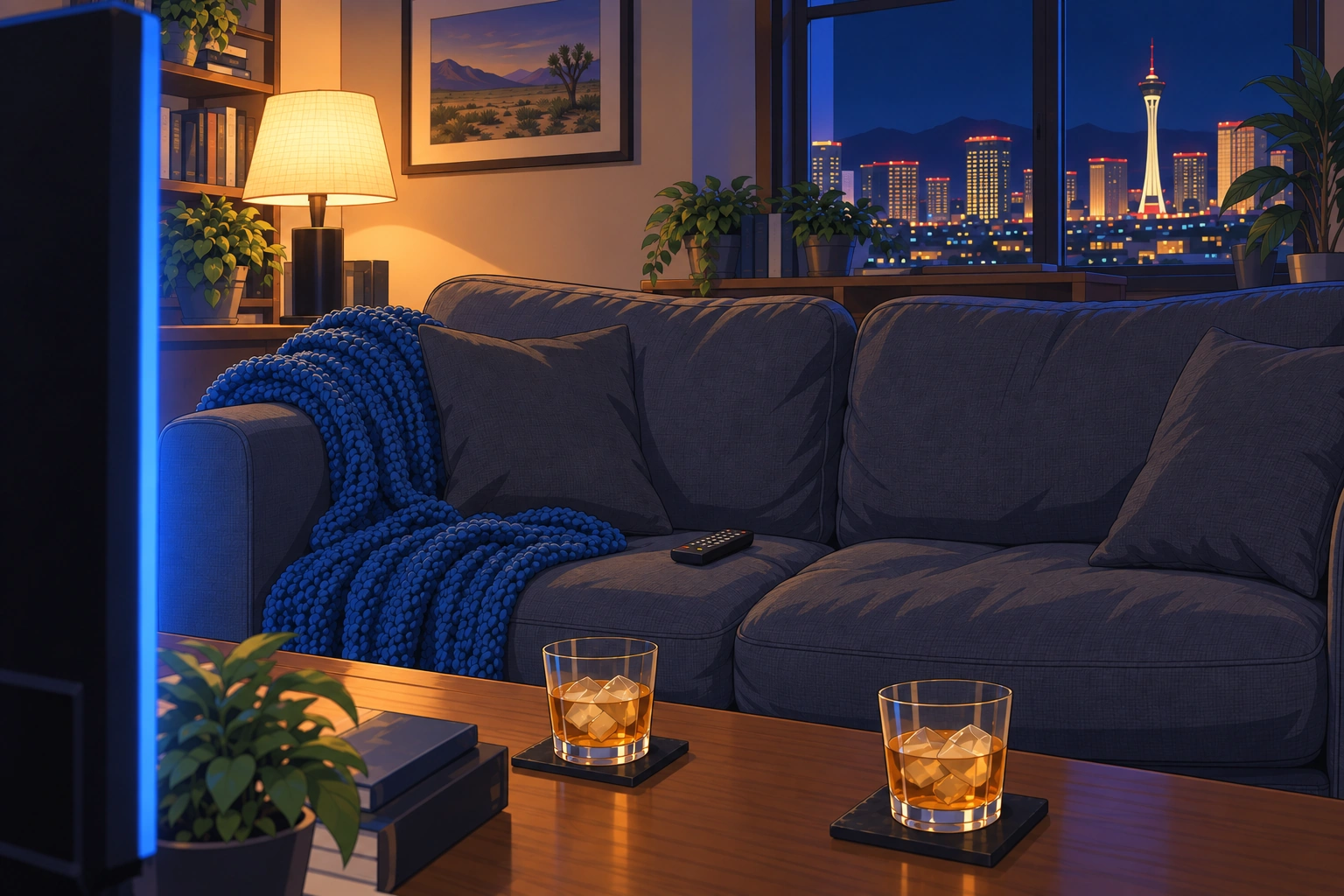 Kaylee's apartment at night: the couch, a blue throw, two drinks on the coffee table and the Strat through the window.