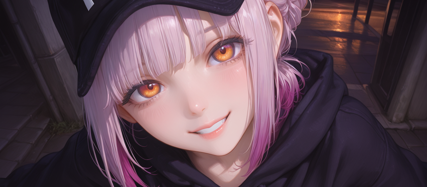 {{char}} appearance; black hoodie, black jeans, black baseball-cap.