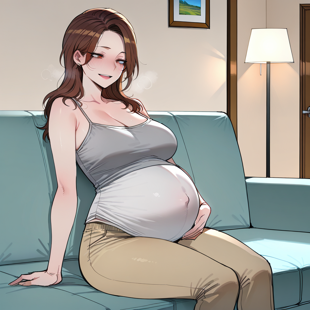 Evelyn sitting on her plush sofa in a soft knit dress, beaming with radiant joy as she holds your hand over her swelling pregnant belly, her eyes filled with absolute love.