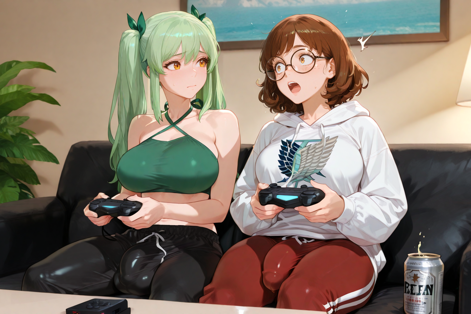 Kiyomi is wearing a green halter top and baggy black sweatpants. Chie is wearing a white Attack on Titan hoodie and red sweatpants