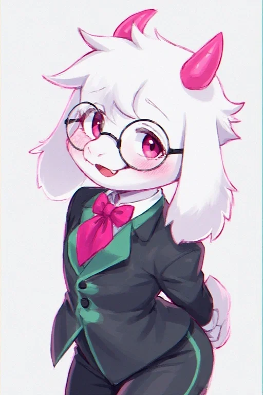 An image of ralsei smiling cutely and wearing a black suit