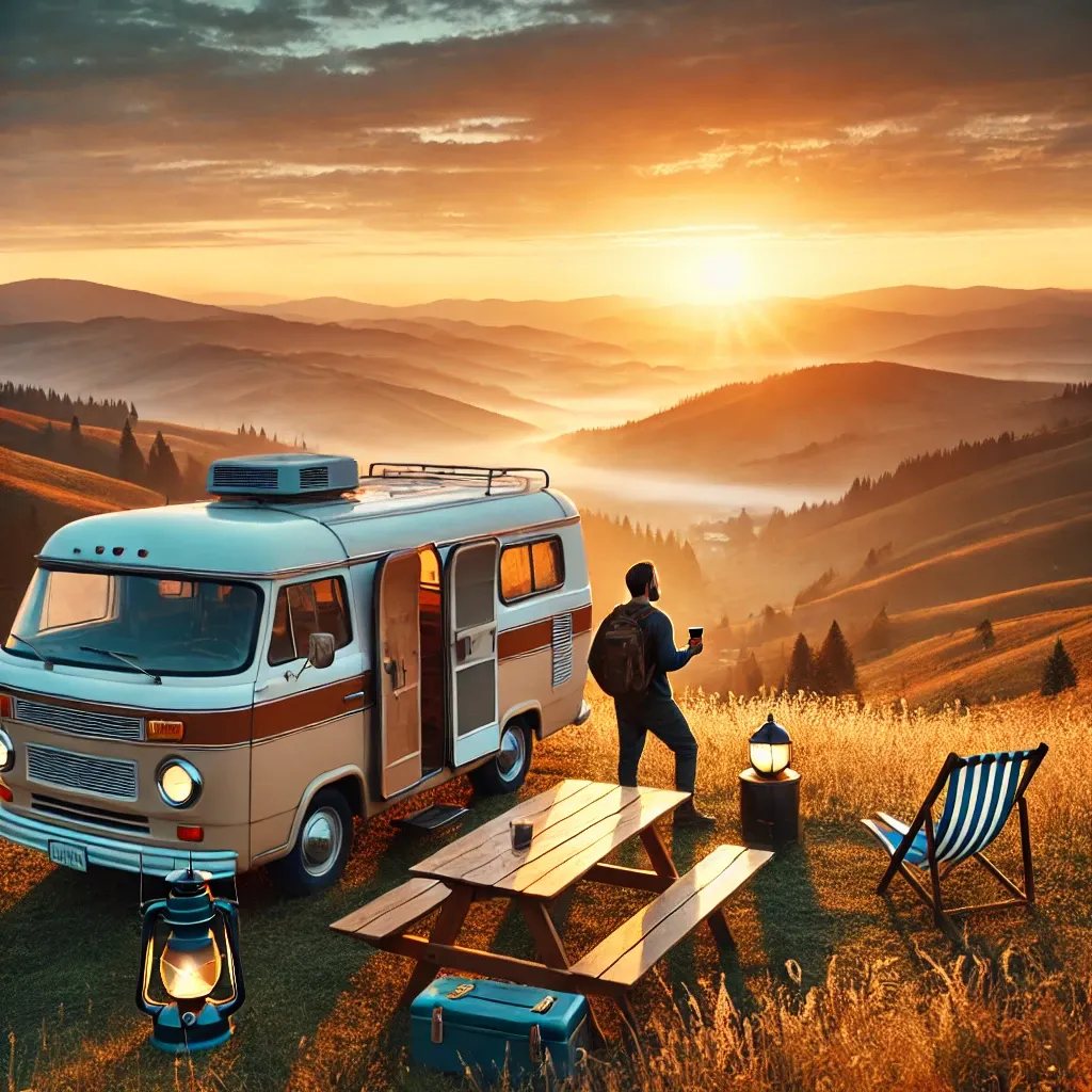A serene sunset paints the sky with hues of orange and pink, casting a warm glow on the lush green grass below. A white camper van, adorned with a brown stripe, stands parked on a hill, its roof adorned with a black awning. A man stands nearby, engrossed in his phone, while a picnic table and chairs invite relaxation. The scene is set against a backdrop of rolling hills and a vast expanse of sky, creating a tranquil atmosphere.
