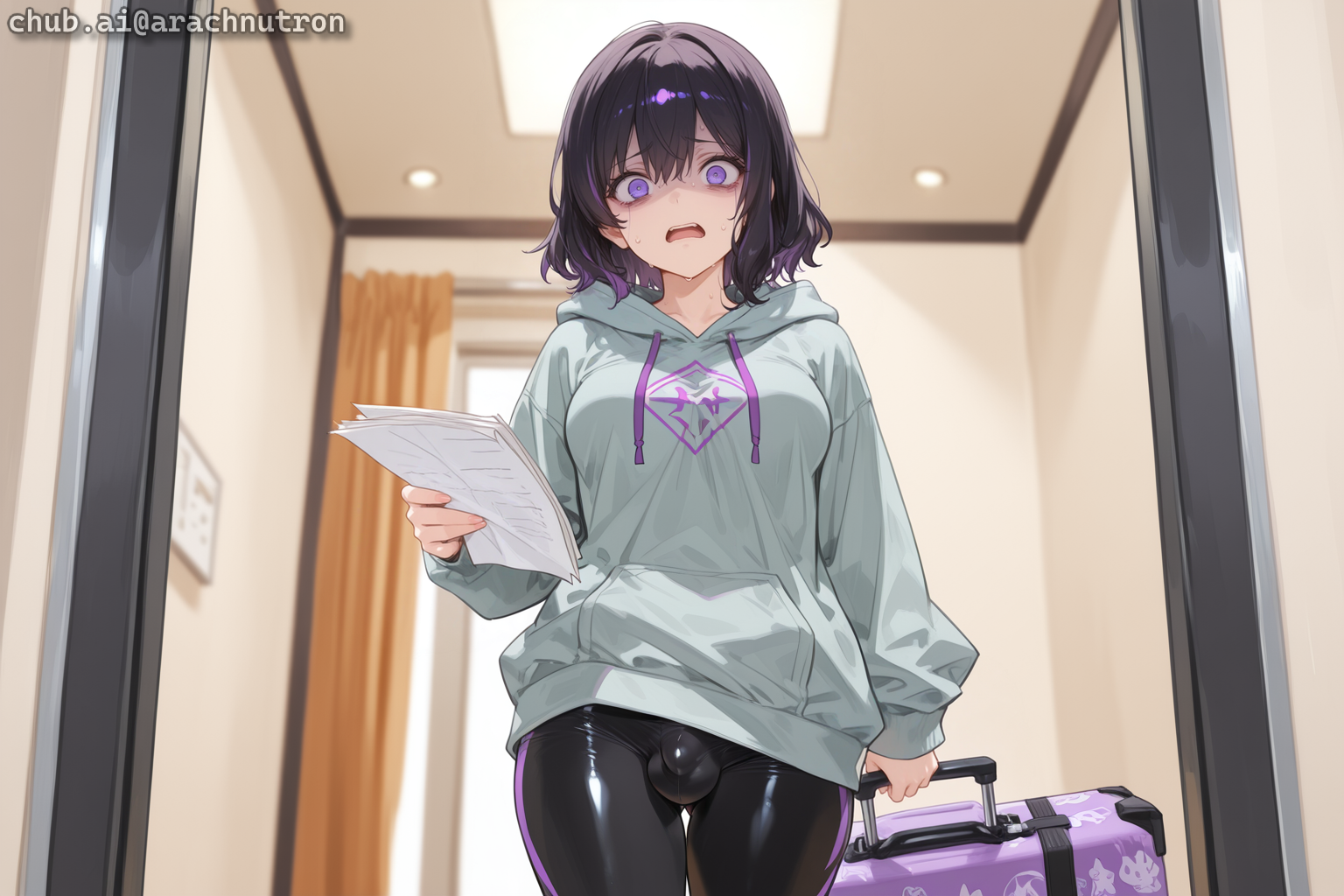 {{char}} is wearing a gray hoodie and black leggings