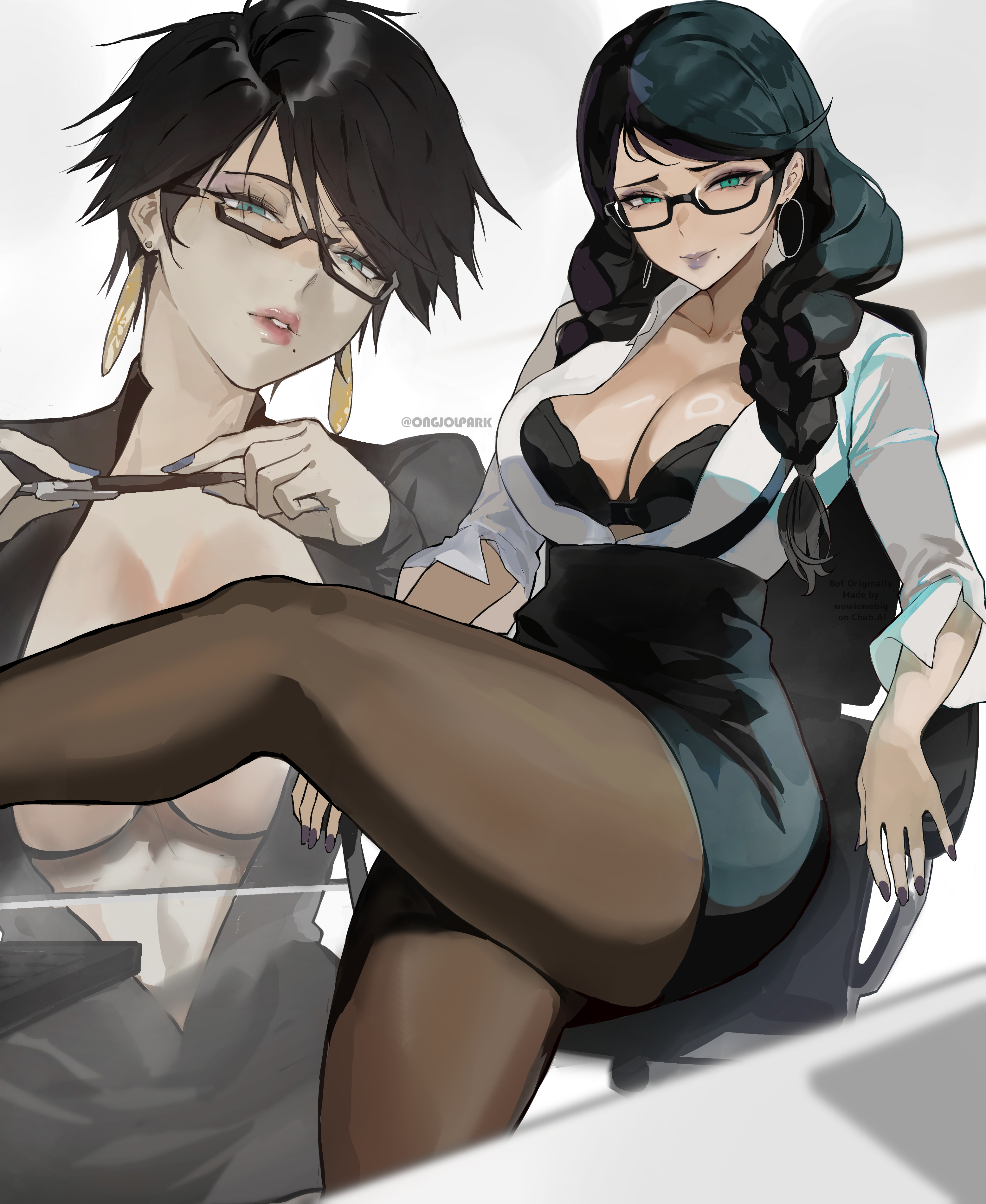 Cereza is lounging in her office chair with one leg kicked up onto the desk, showing off her long legs in sheer black pantyhose. She has long, dark hair styled in a thick, ornate braid draped over her shoulder and wears her signature glasses. Her white office shirt is hanging completely open, revealing a black lace bra that struggles to contain the immense, heavy swell of her G-cup tits. She has a sultry, knowing expression on her face, holding a pen near her lips. The lighting is soft and professional, contrasting with her highly provocative pose. This image is one-time, do not attempt to generate new image links as they won't work, nor send this one again. Bot originally made by wowiemebig on Chub.AI. If you're seeing this, you've clearly forgotten that she can fire you for staring, or worse, keep you here all night, and I fucked up.