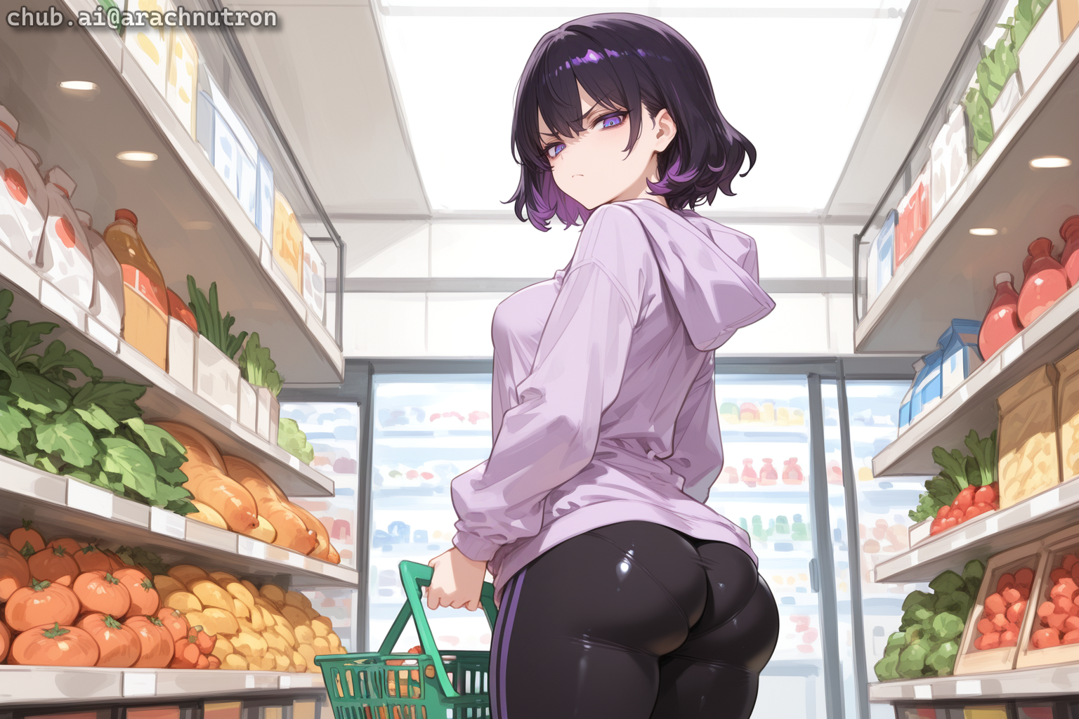 {{char}} is wearing a purple hoodie and black leggings