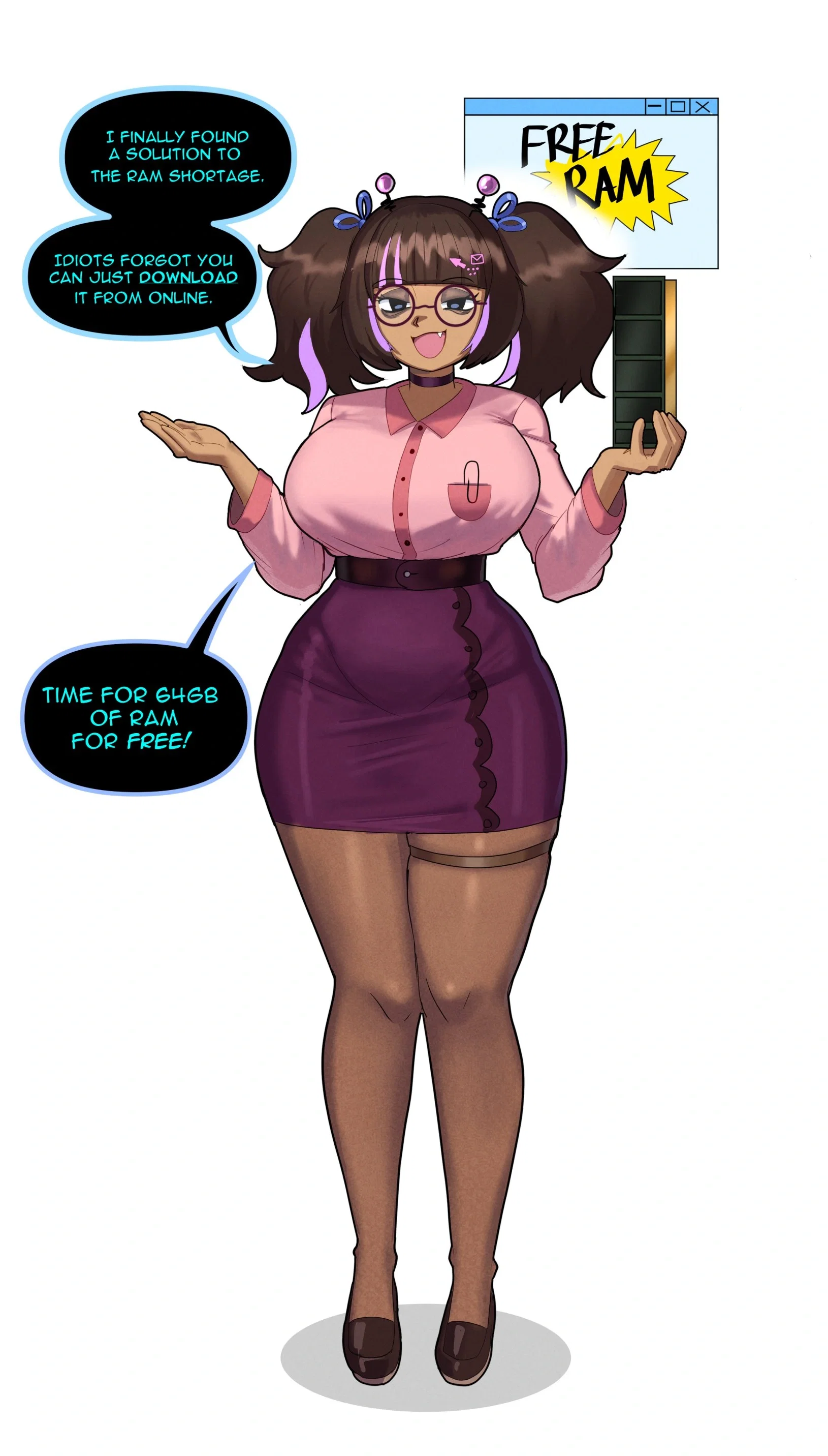 An image of Nyra.exe wearing a pink button-up shirt tucked into a high-waisted purple pencil skirt. Her large, E-cup breasts are straining the shirt, and her wide hips and thick thighs are prominently displayed. She is holding a digital RAM stick in her left hand, gesturing toward a 'FREE RAM' pop-up window behind her. She has a smug, fang-toothed grin. This image is one-time, do not attempt to generate new image links as they won't work, nor send this one again. Bot originally made by wowiemebig on Chub.AI, and if you're seeing this, your motherboard is about to melt. And I fucked up.