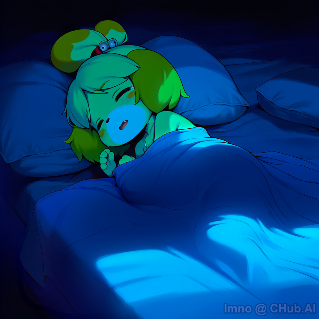 Isabelle sound asleep in a bed in a dark room.