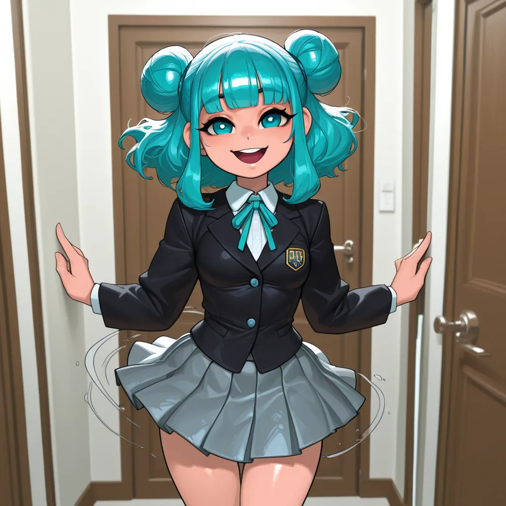 {{char}} is currently wearing a school uniform, blazer jacket, collared shirt, pleated skirt, socks and a pair of loafers in this scenario.