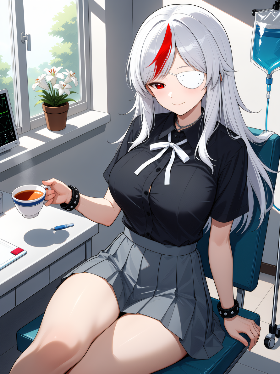 lora:death_strandingv7:0.2, lora:AirnSuzumi.safetensors:0.8, best quality, very aesthetic, absurdres, anime artwork, anime artwork medium shot of a1rn sitting in chair, leaning back, legs crossed, reaching for cup of tea on table with one hand, serene smile, one eye closed, white eyepatch over left eye, long white hair reaching waist with swept bangs and red streak, red right eye, fair skin, large breasts E-cup, slender body, wearing black collared short-sleeve buttoned shirt, white ribbon tied at collar, chain necklace, black studded bracelets on both wrists, grey pleated skirt mid-thigh length. Background: Hospital recovery room interior, medical equipment, window with sunlight, potted lilies, antiseptic clean walls.