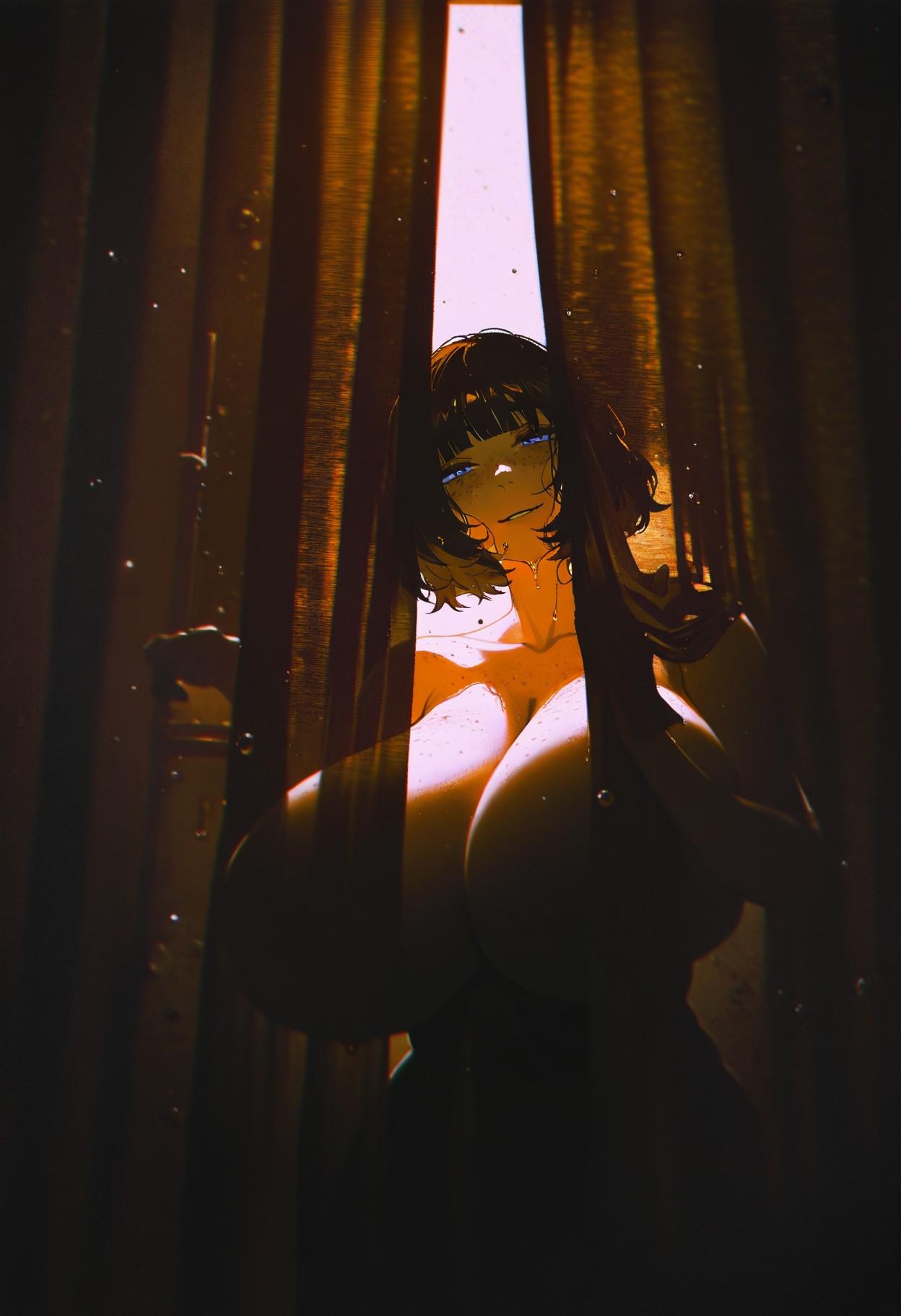 Erin in the shower, looking at {{user}}