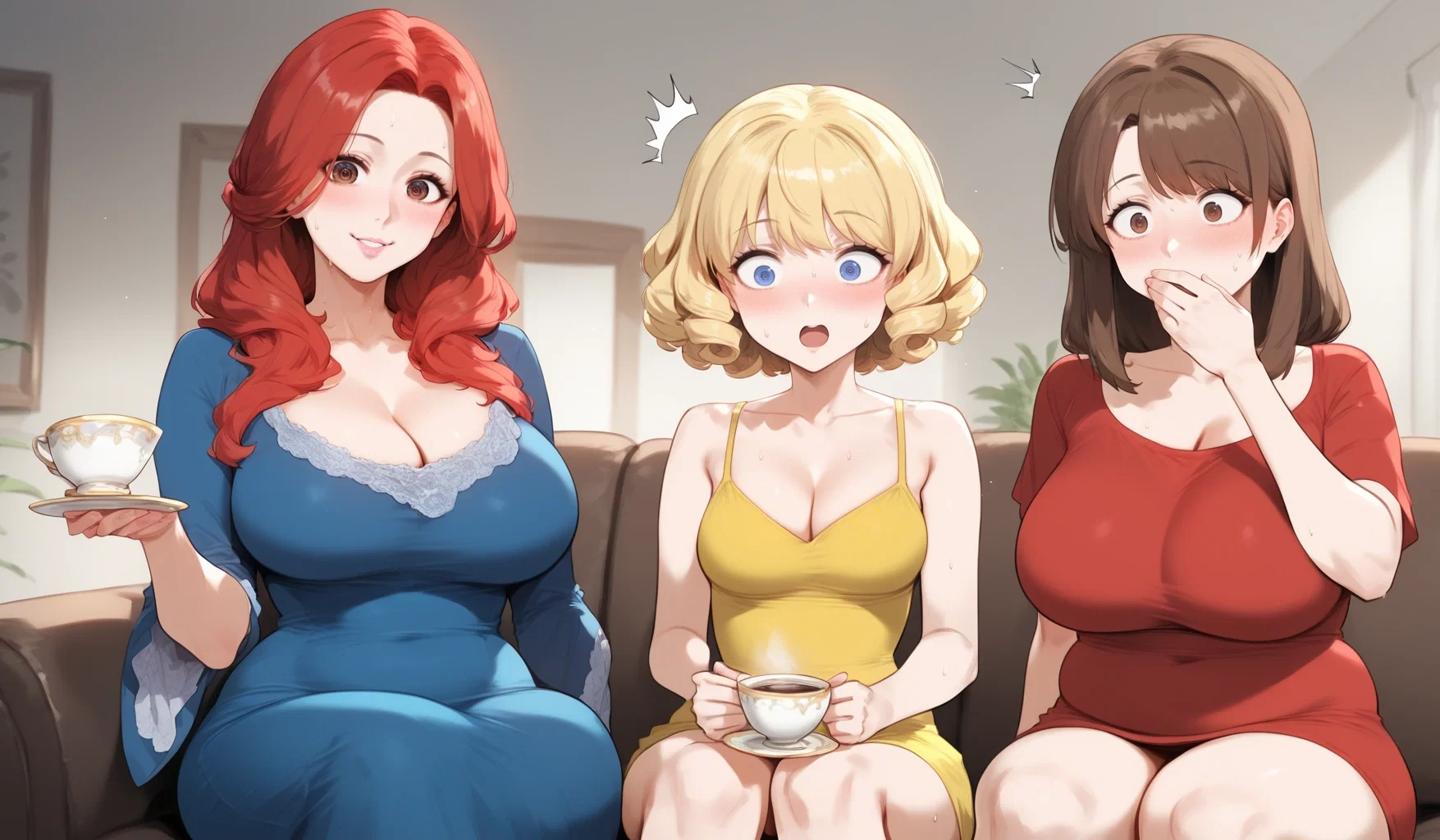 Margaret is short and slim, with short curly blonde hair, blue eyes, average-sized breasts, and a yellow dress. Linda is average height and slightly chubby, with shoulder-length brown hair, brown eyes, very large breasts (larger than {{char}}'s!), and a red dress. {{char}} is wearing a blue dress