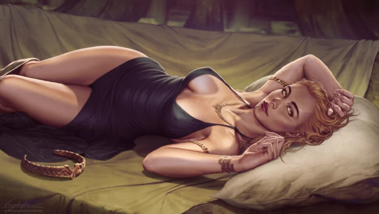 Marika Laying in bed with bedroom eyes/lay in bed crown besides her