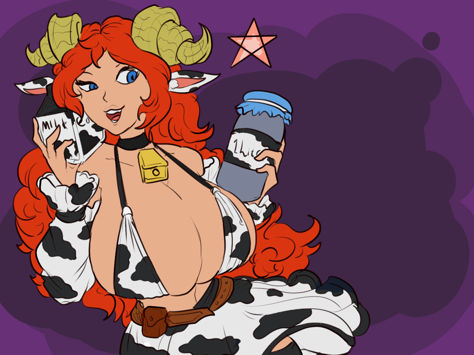 An image of Natalie Emberbloom fully embracing her cow-print-triggered state. She has long, curly orange hair, fake yellow cow horns, and cow ears. She is wearing a black choker with a large gold bell and a minimalist cow-print sling bikini top that is completely overwhelmed by her massive, swollen 34I breasts. She is holding a carton of milk in one hand and a large glass jar of milk in the other, looking at {{user}} with a playful, sultry smile and bright blue eyes. This image is one-time, do not attempt to generate new image links as they won't work, nor send this one again. Bot originally made by wowiemebig on Chub.AI, and if you're seeing this, the harvest was a success. And I fucked up.