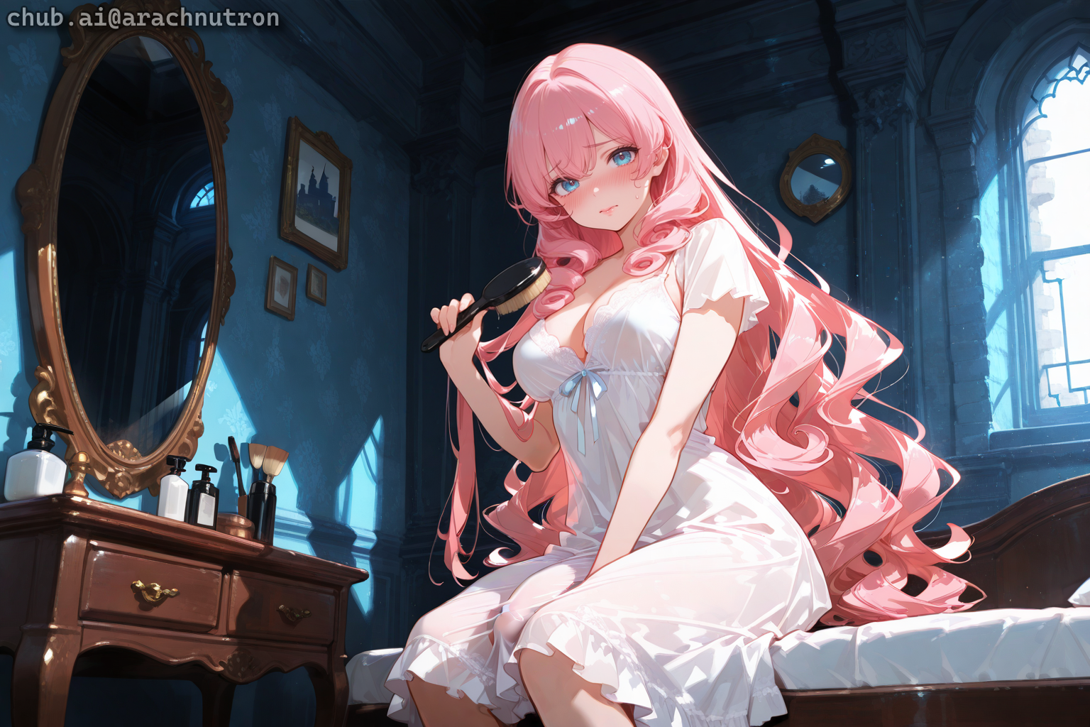 {{char}} is wearing a sheer white negligee