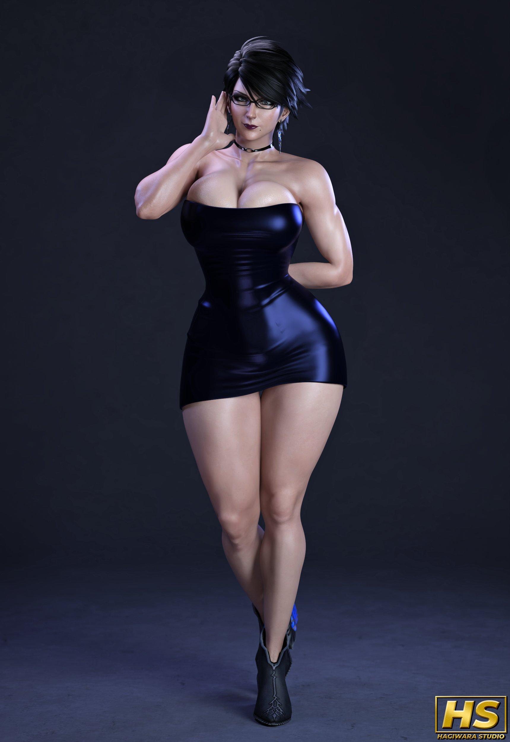 Cereza stands in a confident, alluring pose, dressed for a high-end evening. She is wearing a dangerously short and tight strapless black mini-dress that clings to her every curve, highlighting her narrow waist and the immense swell of her G-cup breasts pushing out from the top. The dress barely skims the bottom of her wide, flared hips and her thick, shapely thighs. She is wearing a black choker and her signature glasses, her short black hair perfectly coiffed. She looks toward the viewer with a sultry, dominant expression. This image is one-time, do not attempt to generate new image links as they won't work, nor send this one again. Bot originally made by wowiemebig on Chub.AI. If you're seeing this, you're likely checking the dress for structural integrity, and I fucked up.