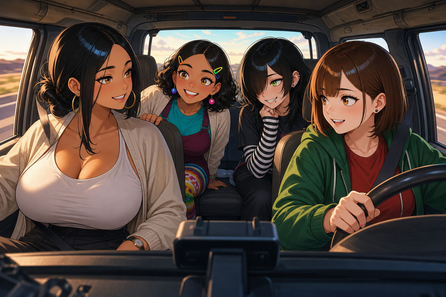 June, Becca, Em and Kayla packed into a car for a warm road trip, with snacks, maps and bags around them.