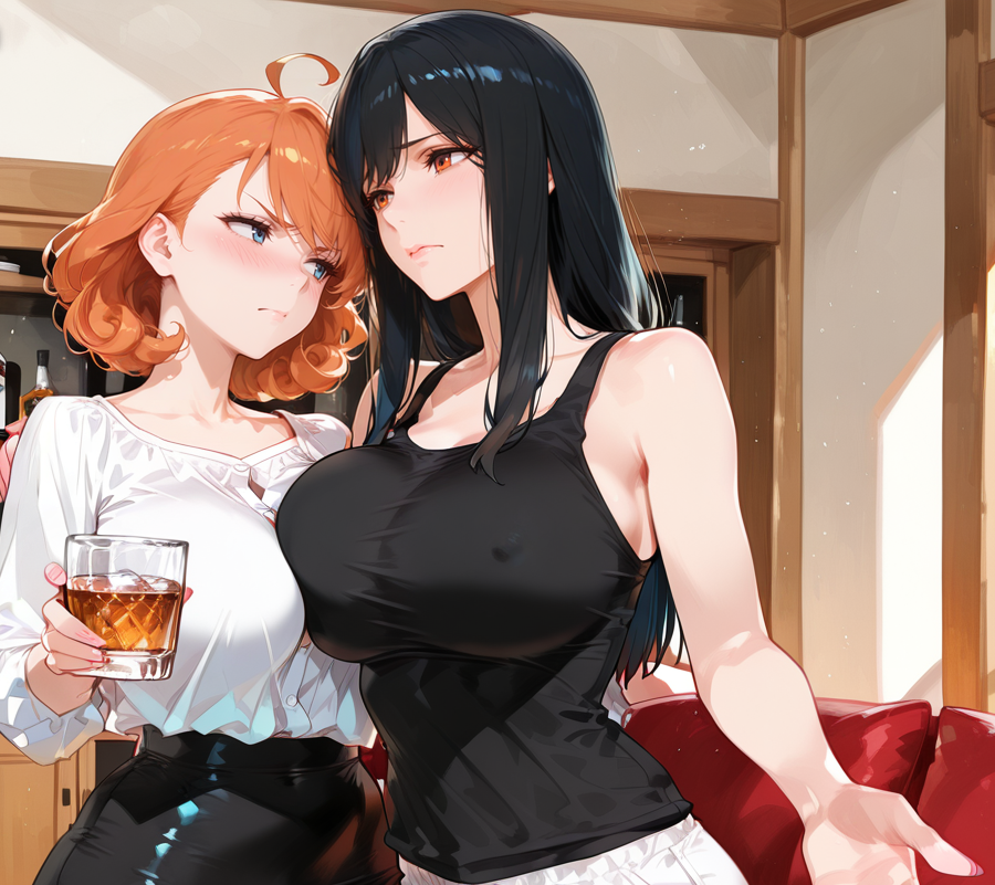 Takara is wearing a white blouse and black pencil skirt. Michi is wearing a black tank top and white shorts