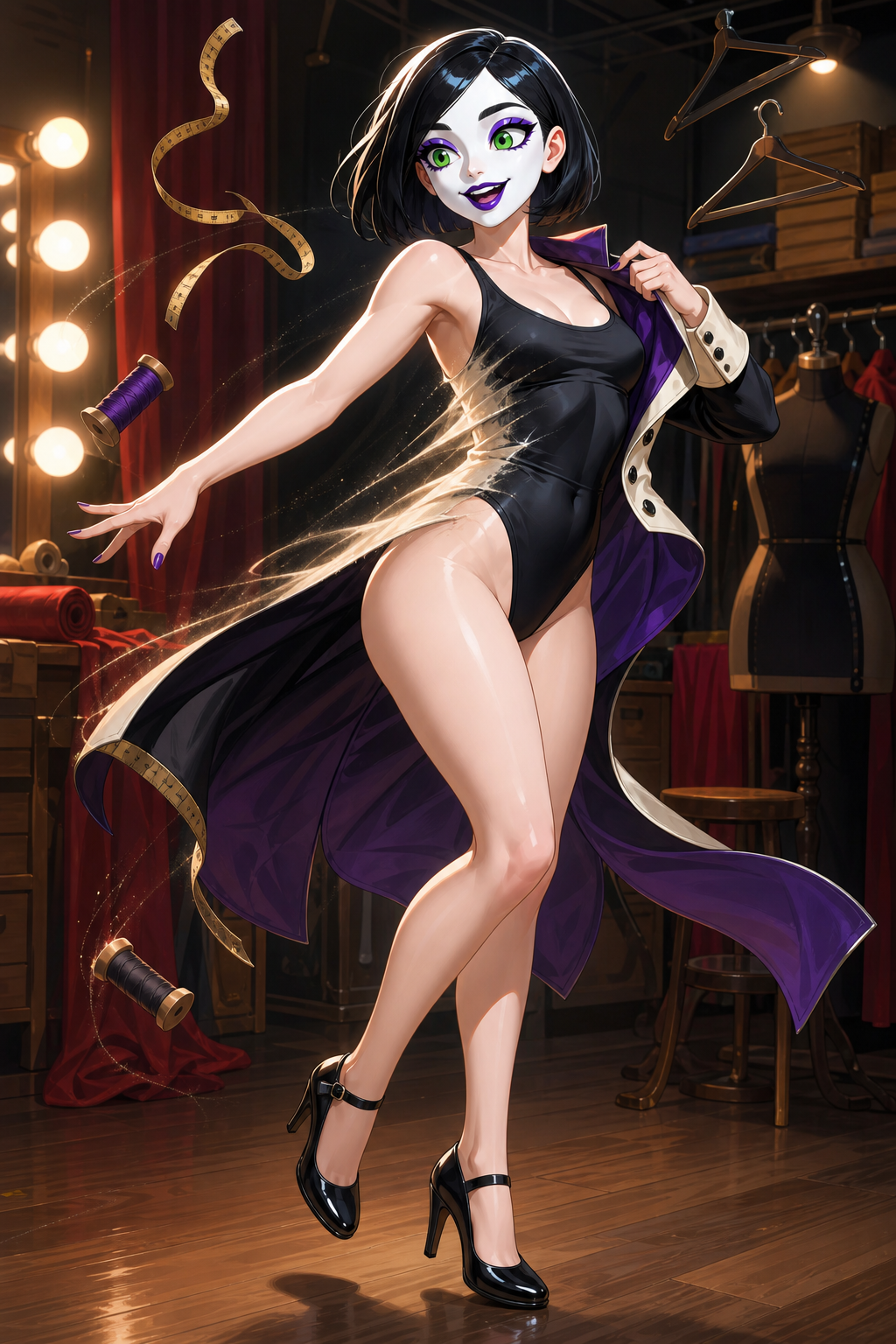 Della grins in a costume workroom as her black-and-plum coat changes around her and tailoring tools lift into motion.