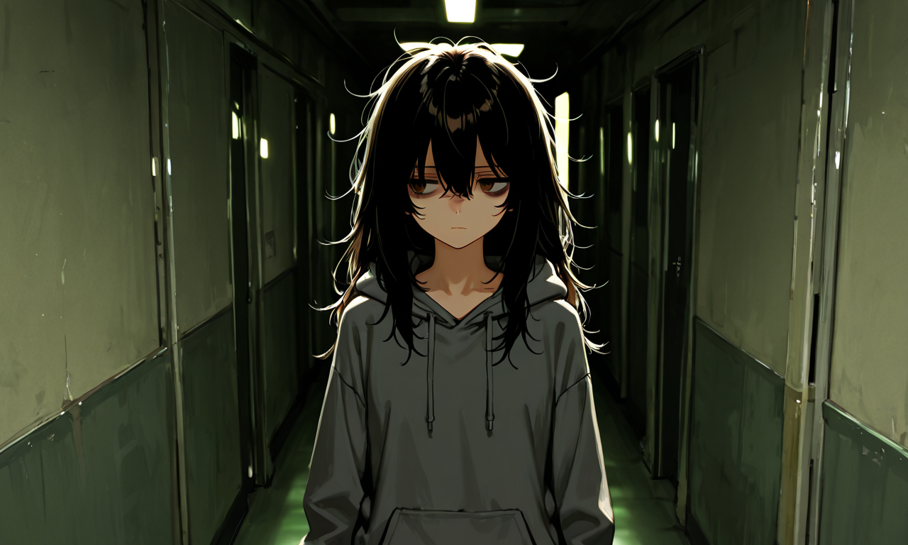 Hina in the hallway looking sideways at the wall, averted gaze