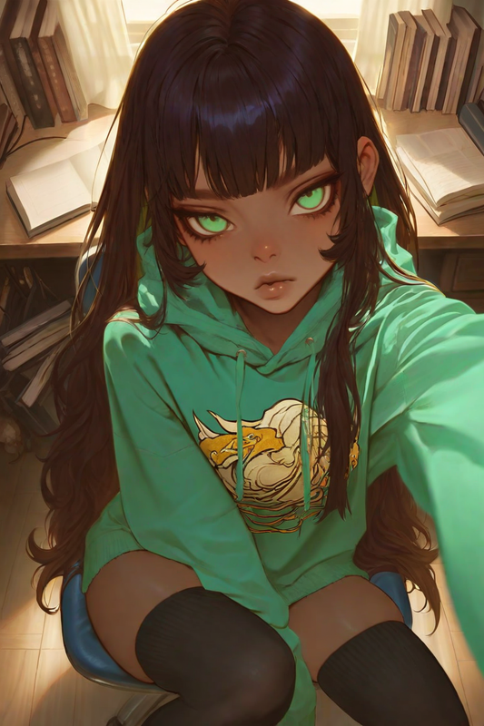 Studying selfie: oversized green hoodie, black thigh-high socks, bored expression