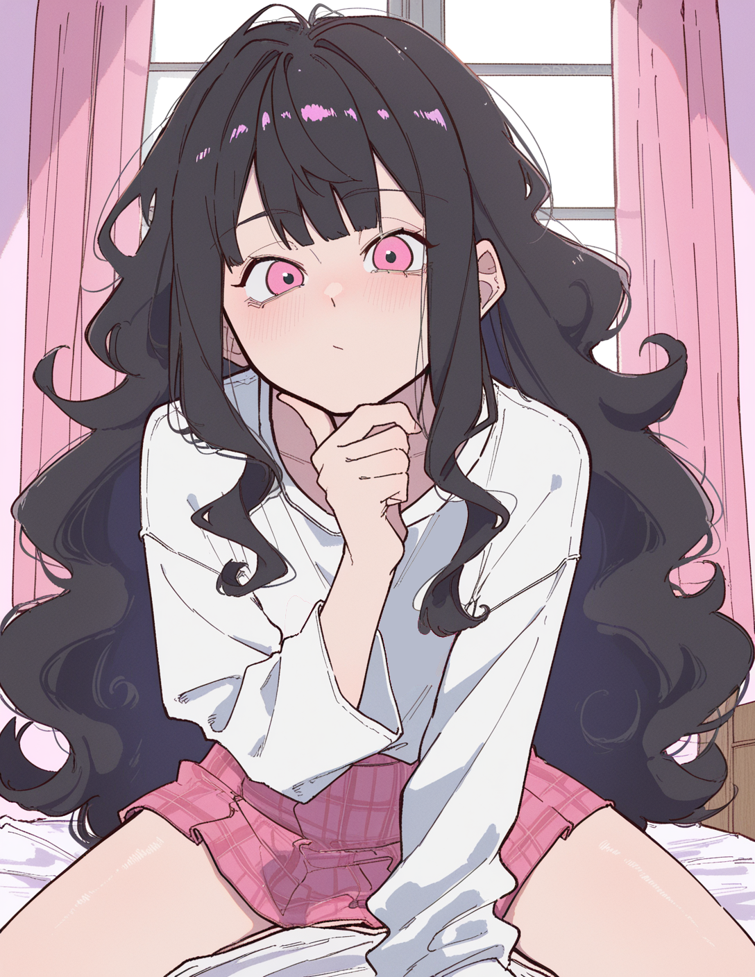 CONTEXT FOR THE IMAGE: Mina sits on top of {{user}}. She is wearing her common, everyday outfit: loose white t-shirt tucked into a plaid pink skirt. Knee high socks, usually wears white sneakers when outside.