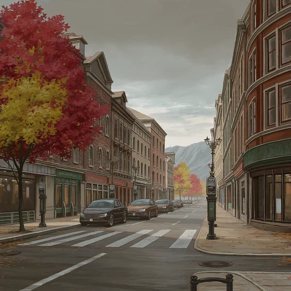 Parking meters, storefronts and parked cars on a Bellweather shopping street