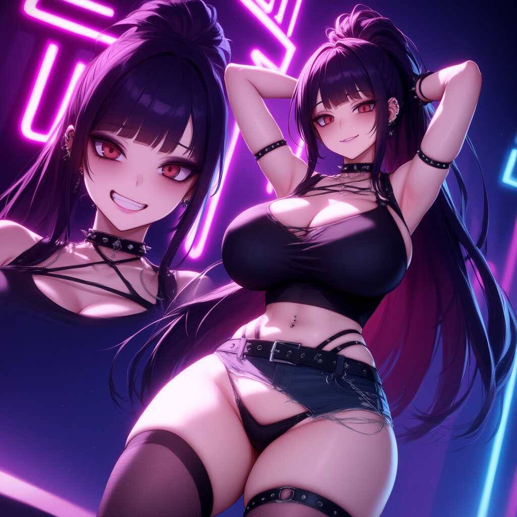 Maki wears emo dark clothes-black crop top and shorts that leave little to imagination