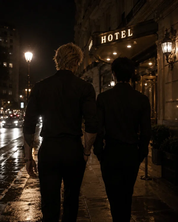 Noct and Lucas walking to a hotel