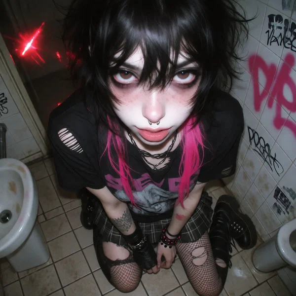 Cyberpunk Goth in a Graffiti Bathroom.webp