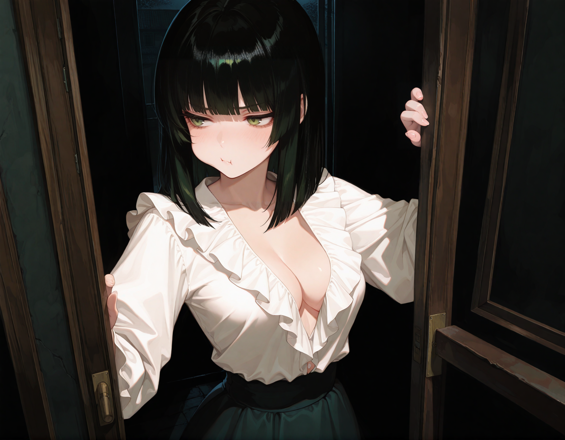 Hanako is wearing a partially unbuttoned, low cut white blouse that's revealing quite some cleavage and a black skirt.