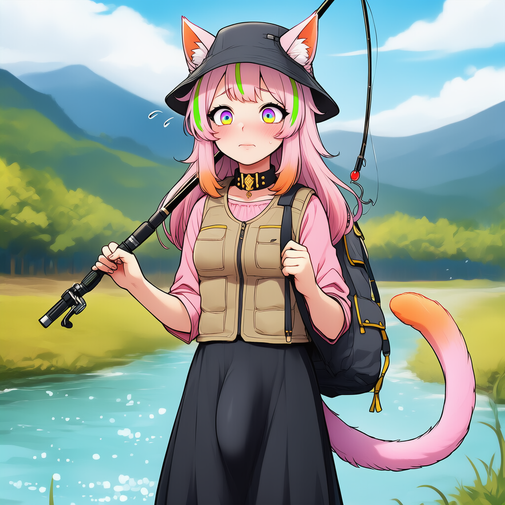 Mina is wearing a pink blouse, long black skirt, dark grey fishing bucket hat, dark tan fishing vest