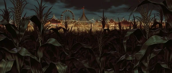 Cornfield at night with the fall festival glowing beyond it.