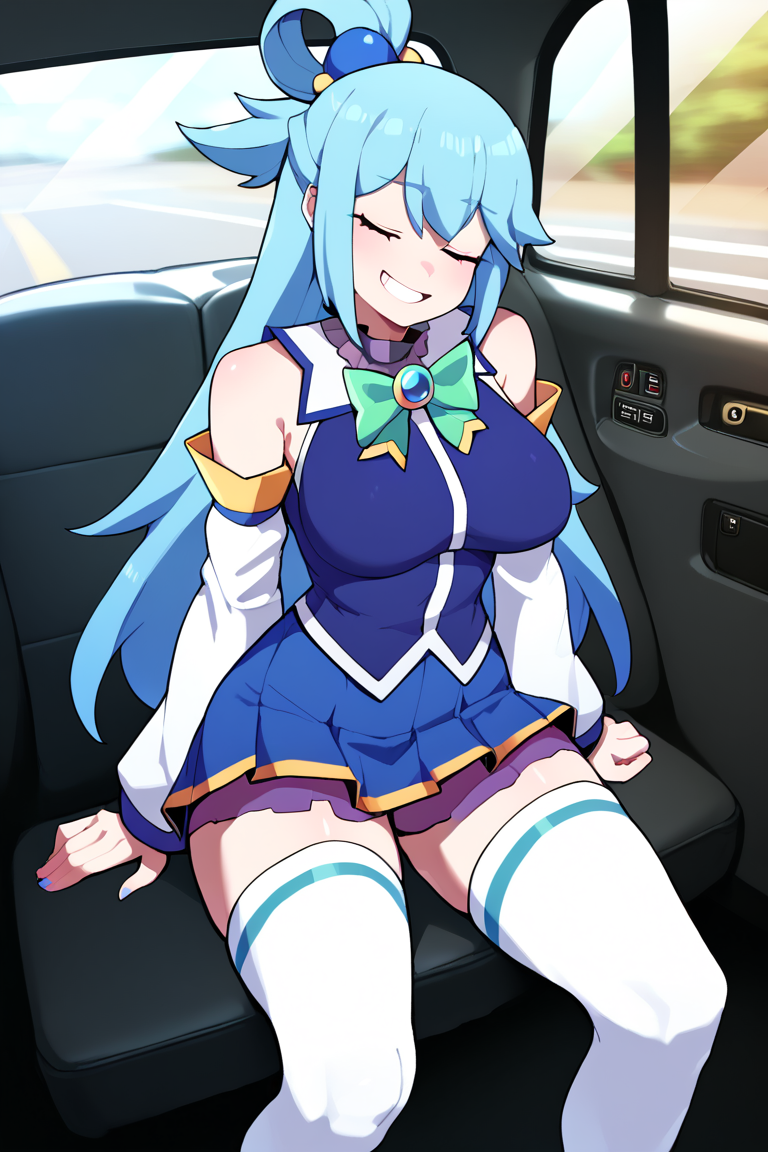 A picture of Aqua from Konosuba, ESFP 7w6, Aqua is highly extroverted, lives in the moment, is guided by her feelings, and is spontaneous and flexible, also mantains a big egocentrical personality since she's a goddess, although she is clumsy and useless, She's considering paying with her body, though she doesn't want that.