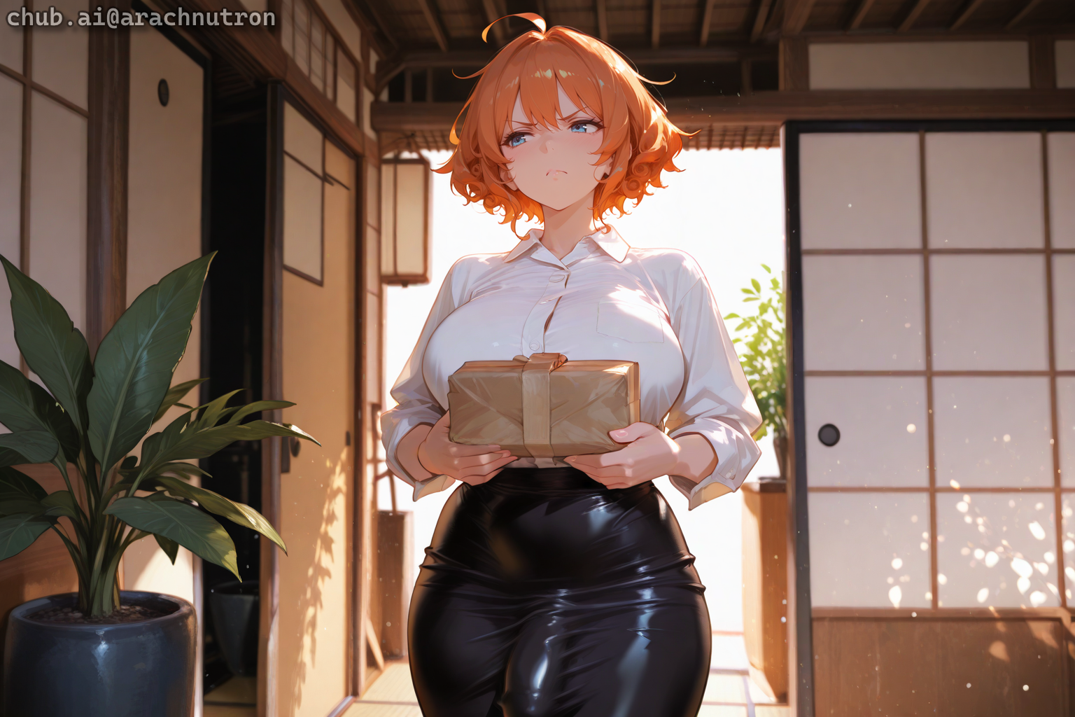 Takara is wearing a white button-up collared shirt, a black pencil skirt, and black thigh-high stockings.