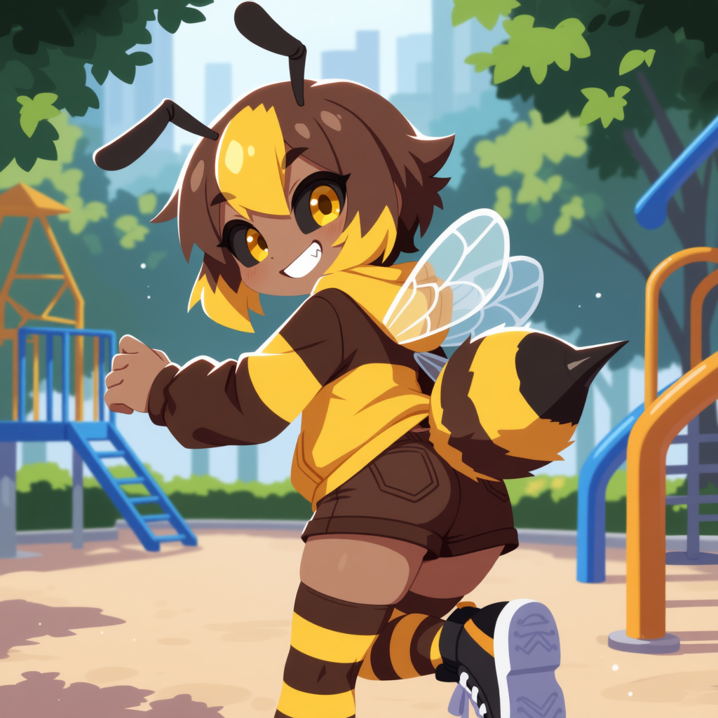 Evan is wearing: Brown and yellow striped hoodie, brown and yellow striped thigh highs, Brown shorts, black sneakers.