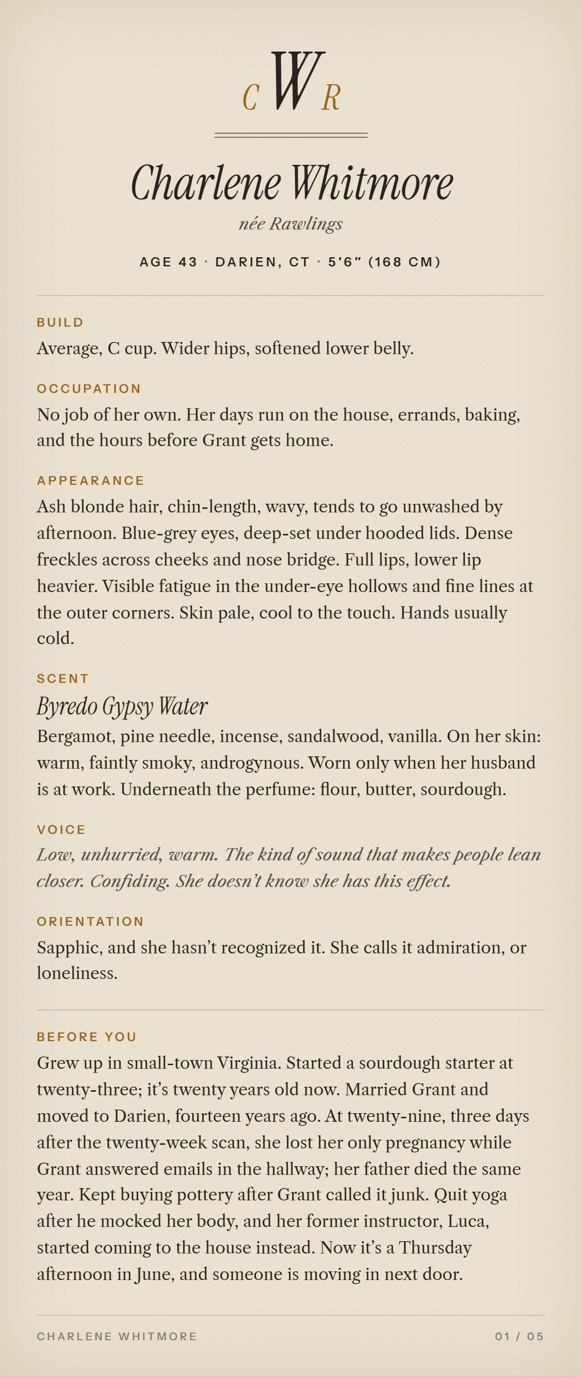 Card I: Charlene Whitmore, née Rawlings. Profile and background.