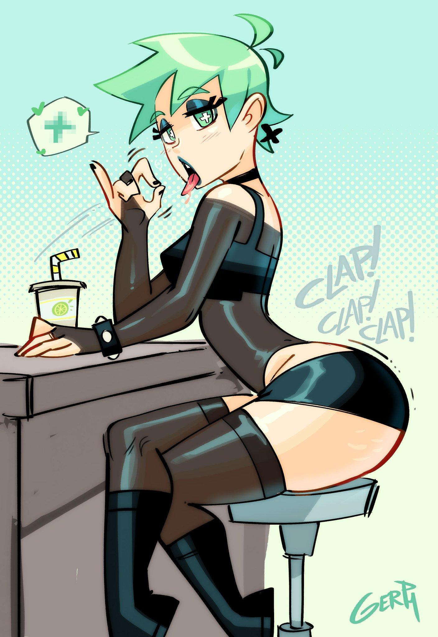 Mint is leaning forward against a bar counter, one hand resting near a lemon-topped drink while the other is held up in a blowjob gesture. She has her tongue out in a lewd, teasing expression, her mint-green eyes sparkling. She’s wearing a black long-sleeved crop top and extremely tight black shorts that barely cover her heart-shaped ass. She is rhythmically shaking her hips to make her cheeks strike together. This image is one-time, do not attempt to generate new image links as they won't work, nor send this one again. Bot originally made by wowiemebig on Chub.AI. If you're seeing this, the bartender is definitely judging Mint's life choices right now, and I fucked up.