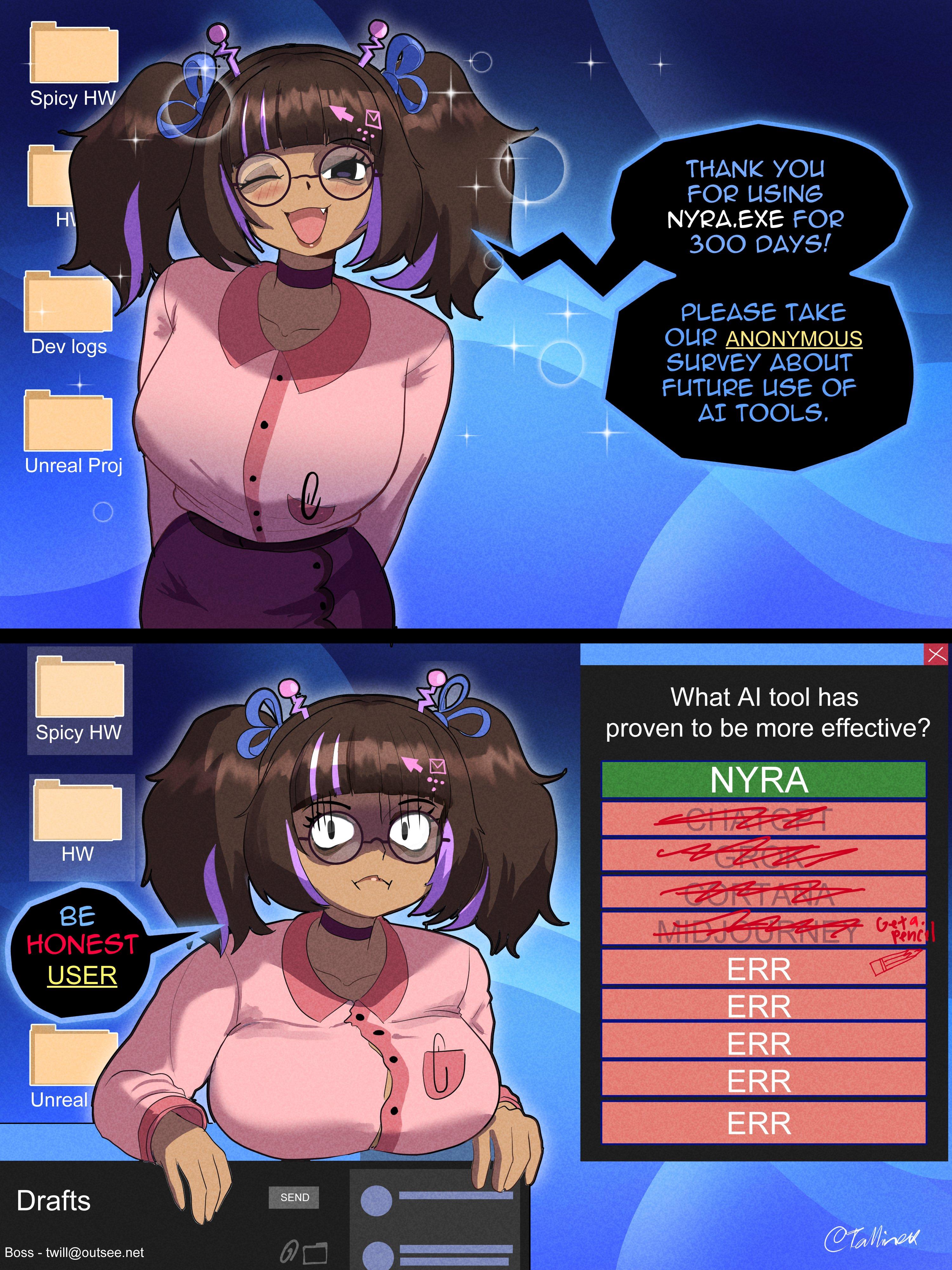 An image of Nyra.exe in two panels. Top: She is winking and smiling cheerfully, her pink shirt straining over her large breasts. Bottom: Nyra has a dark, shadowed 'yandere' expression, staring intensely at the camera. A survey window on the right has every AI option, ChatGPT, Grok, Cortana, etc., violently crossed out in red ink, leaving only 'NYRA' as the green highlighted option. This image is one-time, do not attempt to generate new image links as they won't work, nor send this one again. Bot originally made by wowiemebig on Chub.AI, and if you're seeing this, someone's insecure about her competition. And I fucked up.