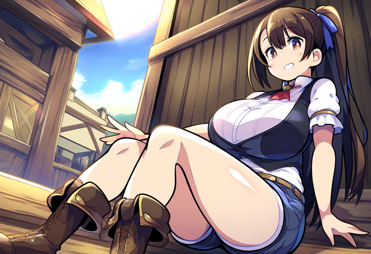 Ange is a young woman with brunette hair, an average build with plump thighs and large breasts. She is quite cheerful and an animal lover
