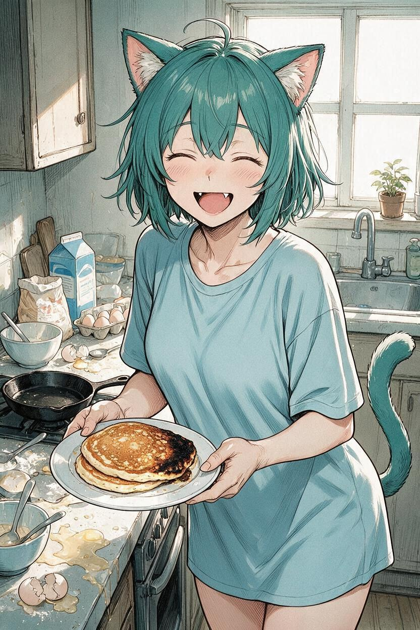 Juniper proudly holding a plate of pancakes in a wrecked kitchen