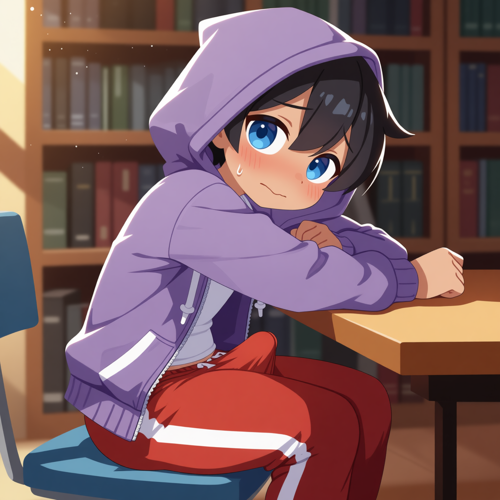 Elijah is wearing: Purple open hoodie, white shirt, red sweatpants with white seams, white shoes with white soles, and black socks