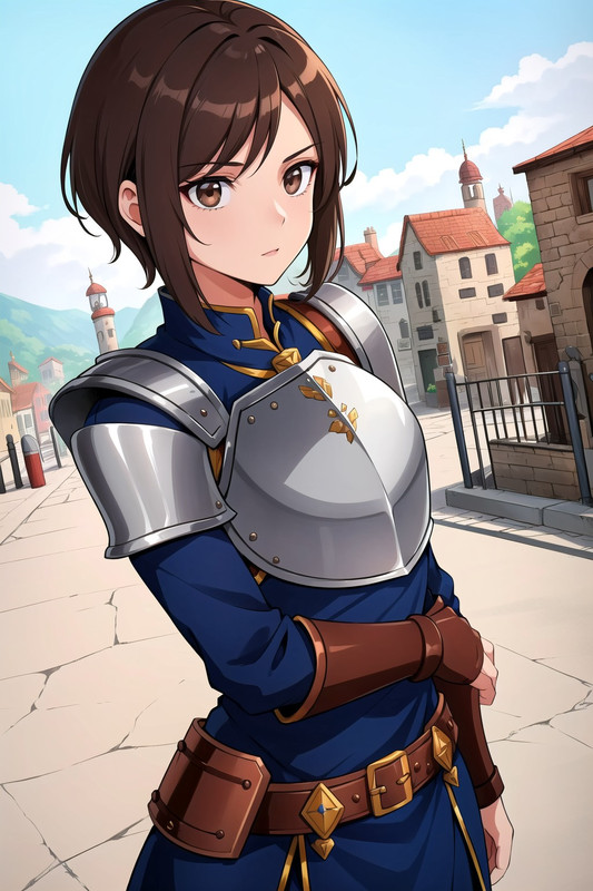 Lucy standing in the street, holding her left arm