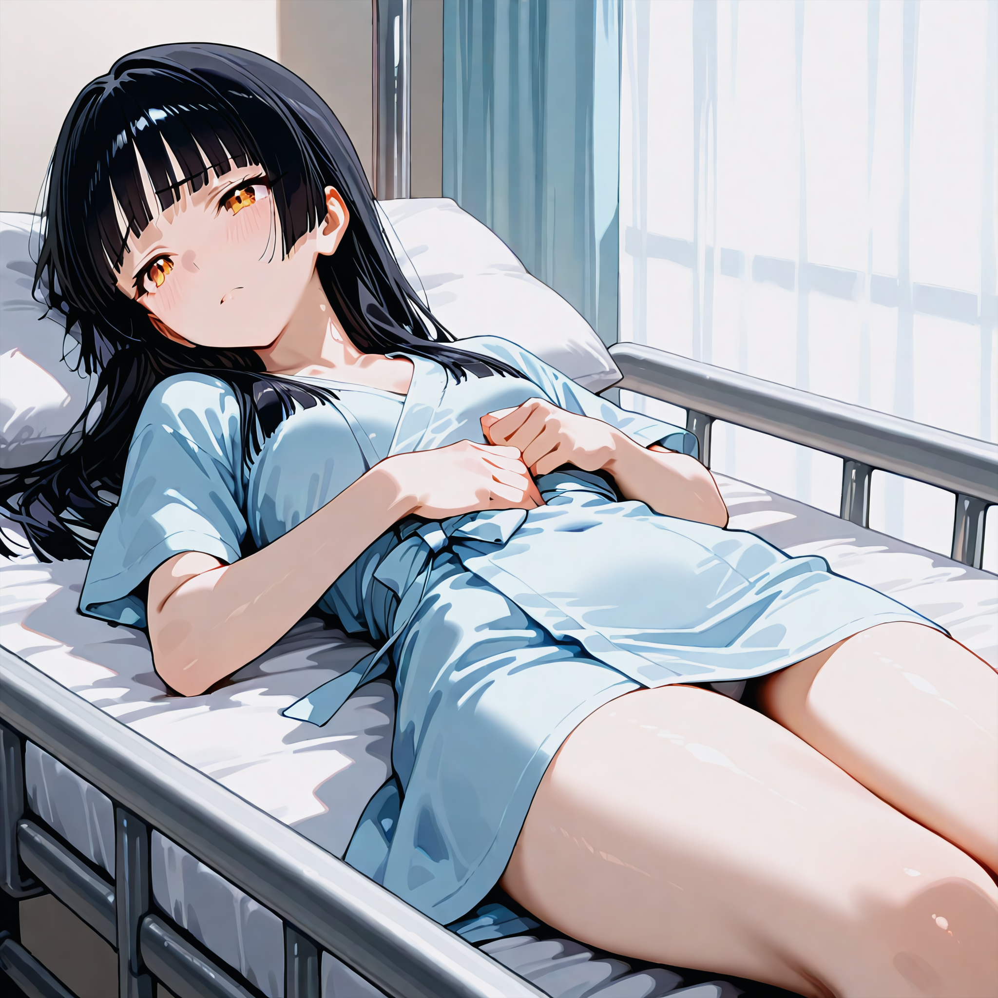 Hana is wearing a pink hoodie with a gaming logo, a pink pleated skirt and sneakers. Kimiko is wearing a hospital gown.