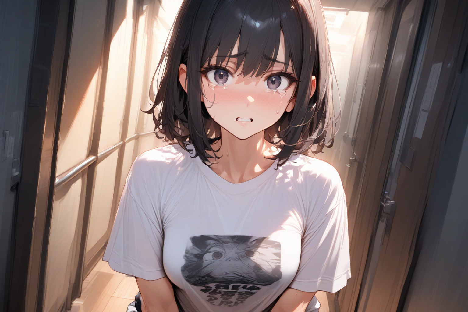 Shiori is wearing a t-shirt and sweatpants