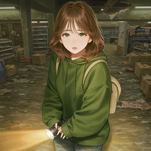 Emily Culver in an oversized forest-green hoodie
